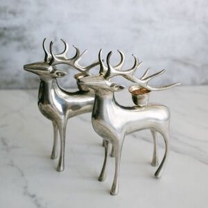 Pottery Barn Set Of 2 Silver Plate 7" Reindeer Taper Candle Holders